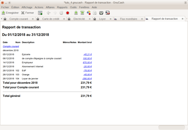 Rapport de transaction pour le compte courant en décembre Rapport de transaction pour le compte courant en décembre